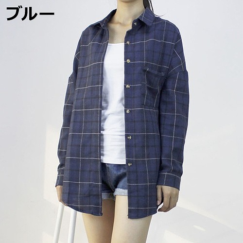 レディース　コットンシャツ　タータンチェック　長袖　ビッグシルエット　カジュアル　ストリート　お出かけ　デート　デイリー　普段着　レッド　ブルー　送料無料