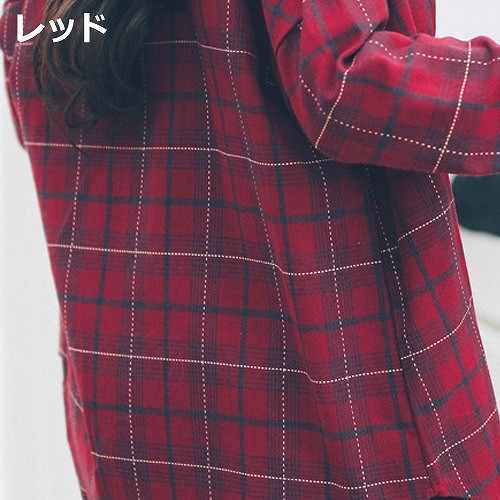 レディース　コットンシャツ　タータンチェック　長袖　ビッグシルエット　カジュアル　ストリート　お出かけ　デート　デイリー　普段着　レッド　ブルー　送料無料