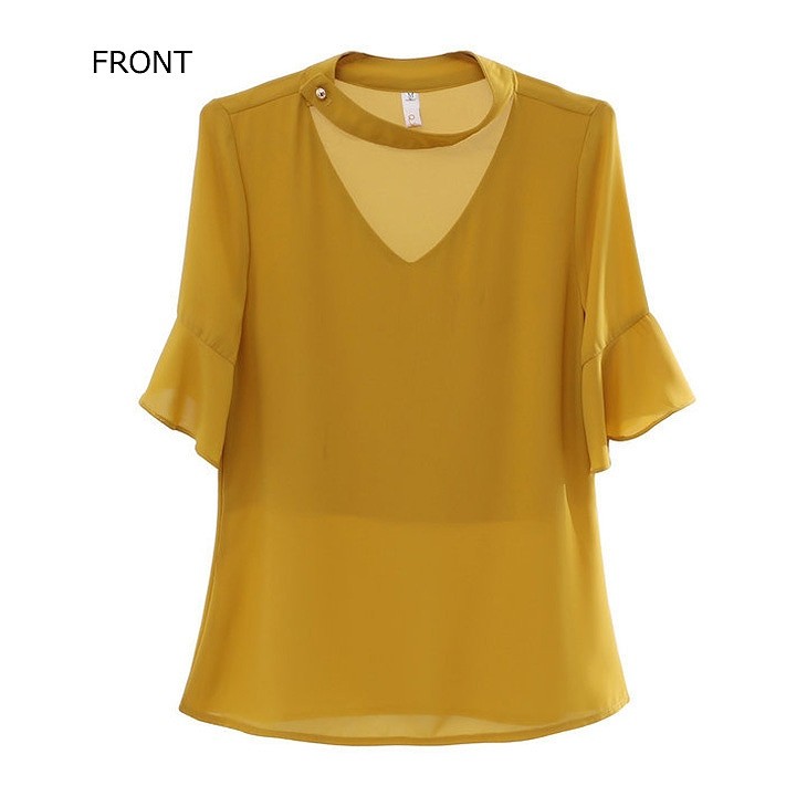 レディース　トップス　シフォン　カットソー　Vネック　5分袖　ネックベルト　無地　シンプル　大きいサイズ　カジュアル　大人可愛い　オフィス　OL　デート　お出かけ　デイリー　イエロー　ホワイト　パープル　オレンジ　送料無料