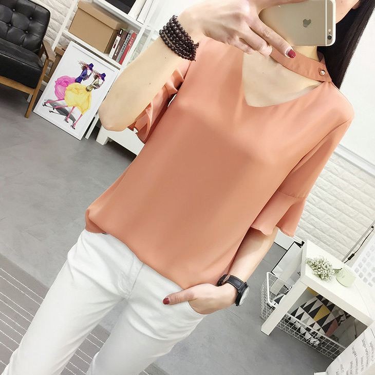 レディース　トップス　シフォン　カットソー　Vネック　5分袖　ネックベルト　無地　シンプル　大きいサイズ　カジュアル　大人可愛い　オフィス　OL　デート　お出かけ　デイリー　イエロー　ホワイト　パープル　オレンジ　送料無料