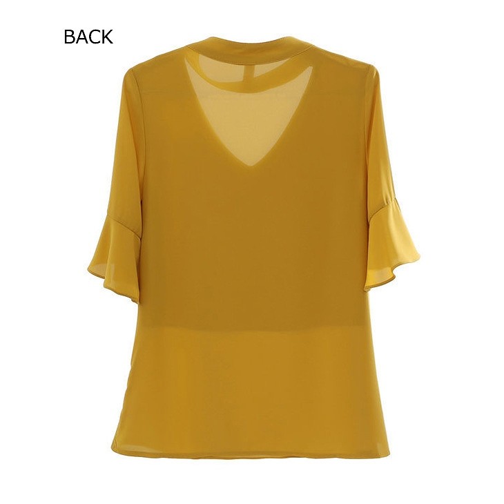 レディース　トップス　シフォン　カットソー　Vネック　5分袖　ネックベルト　無地　シンプル　大きいサイズ　カジュアル　大人可愛い　オフィス　OL　デート　お出かけ　デイリー　イエロー　ホワイト　パープル　オレンジ　送料無料
