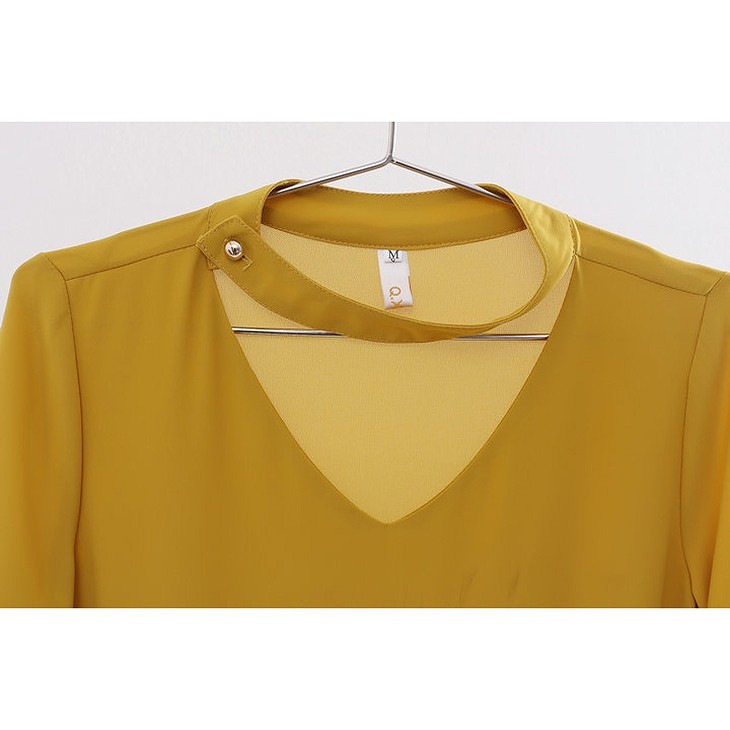 レディース　トップス　シフォン　カットソー　Vネック　5分袖　ネックベルト　無地　シンプル　大きいサイズ　カジュアル　大人可愛い　オフィス　OL　デート　お出かけ　デイリー　イエロー　ホワイト　パープル　オレンジ　送料無料