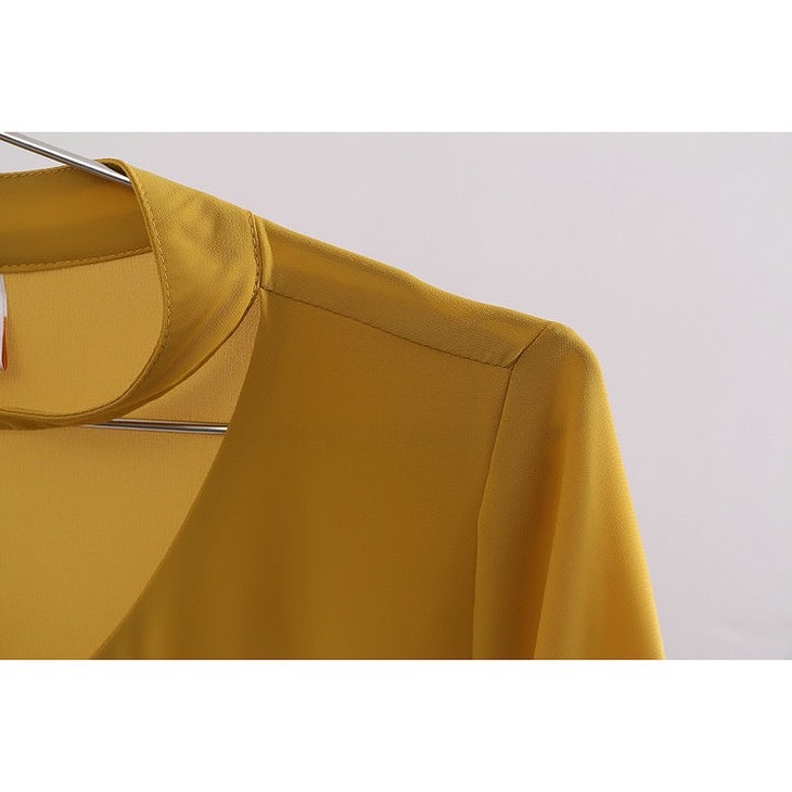 レディース　トップス　シフォン　カットソー　Vネック　5分袖　ネックベルト　無地　シンプル　大きいサイズ　カジュアル　大人可愛い　オフィス　OL　デート　お出かけ　デイリー　イエロー　ホワイト　パープル　オレンジ　送料無料