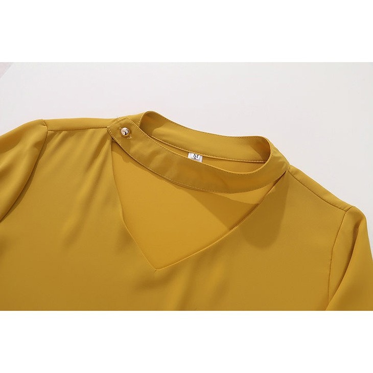 レディース　トップス　シフォン　カットソー　Vネック　5分袖　ネックベルト　無地　シンプル　大きいサイズ　カジュアル　大人可愛い　オフィス　OL　デート　お出かけ　デイリー　イエロー　ホワイト　パープル　オレンジ　送料無料