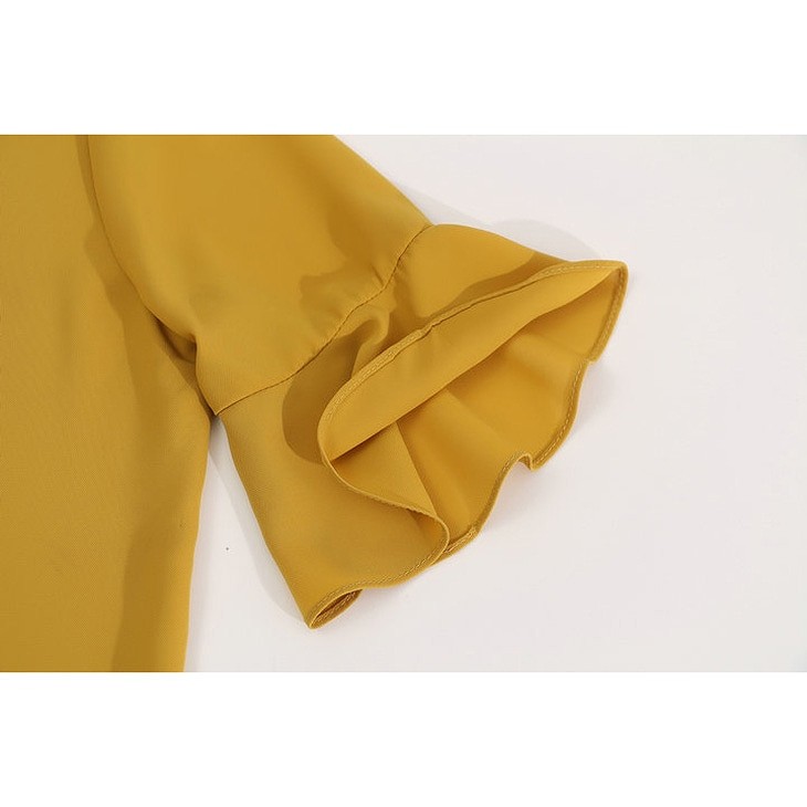 レディース　トップス　シフォン　カットソー　Vネック　5分袖　ネックベルト　無地　シンプル　大きいサイズ　カジュアル　大人可愛い　オフィス　OL　デート　お出かけ　デイリー　イエロー　ホワイト　パープル　オレンジ　送料無料