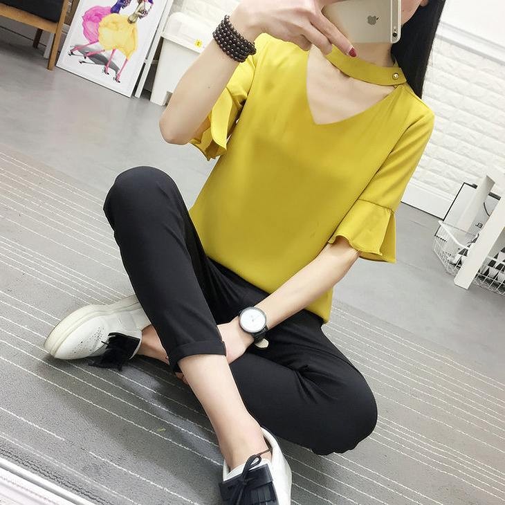 レディース　トップス　シフォン　カットソー　Vネック　5分袖　ネックベルト　無地　シンプル　大きいサイズ　カジュアル　大人可愛い　オフィス　OL　デート　お出かけ　デイリー　イエロー　ホワイト　パープル　オレンジ　送料無料