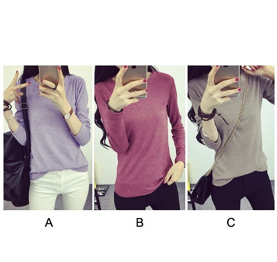 レディース　トップス　カットソー　Tシャツ　ラウンドネック　長袖　無地　シンプル　定番　大人可愛い　大きいサイズ　フェミニン　オフィス　デート　お出かけ　デイリー　パープル　ピンク　グレー　ネイビー　ブラック　送料無料