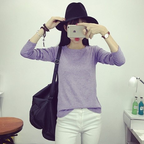 レディース　トップス　カットソー　Tシャツ　ラウンドネック　長袖　無地　シンプル　定番　大人可愛い　大きいサイズ　フェミニン　オフィス　デート　お出かけ　デイリー　パープル　ピンク　グレー　ネイビー　ブラック　送料無料