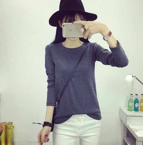 レディース　トップス　カットソー　Tシャツ　ラウンドネック　長袖　無地　シンプル　定番　大人可愛い　大きいサイズ　フェミニン　オフィス　デート　お出かけ　デイリー　パープル　ピンク　グレー　ネイビー　ブラック　送料無料