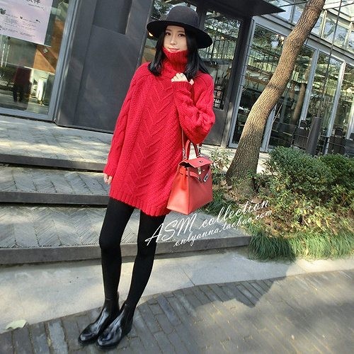 レディース　タートルネックケーブルセーター　長袖　ロング丈　カジュアル　ストリート　お出かけ　デート　デイリー　普段着　レッド　ホワイト　ベージュ　送料無料