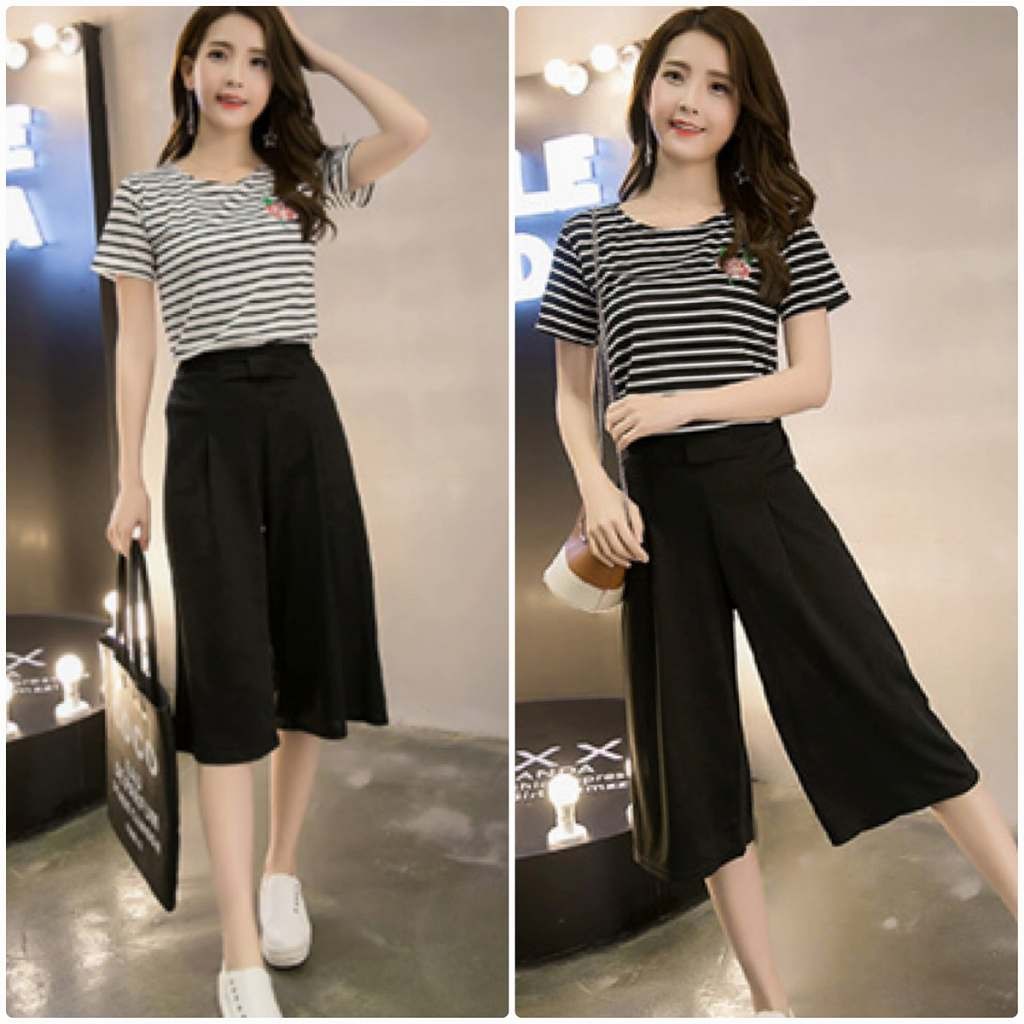 レディース　セットアップ　トップス　ボトムス　半袖　ボーダー　ストライプ　Tシャツ　花柄　刺繍　ワイドパンツ　ワイドレッグ　春夏　大きいサイズ　カジュアル　大人可愛い　フェミニン　おしゃれ　ブラック　ホワイト　送料無料