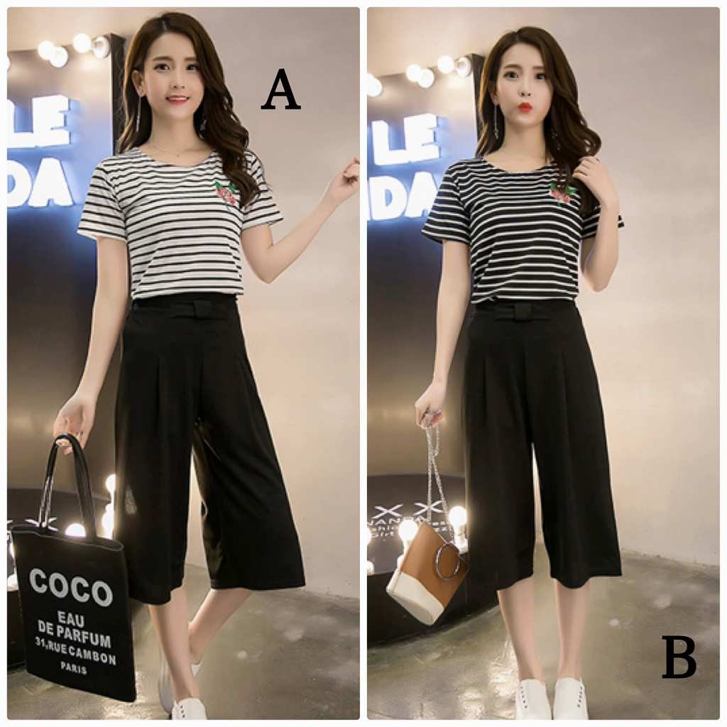 レディース　セットアップ　トップス　ボトムス　半袖　ボーダー　ストライプ　Tシャツ　花柄　刺繍　ワイドパンツ　ワイドレッグ　春夏　大きいサイズ　カジュアル　大人可愛い　フェミニン　おしゃれ　ブラック　ホワイト　送料無料