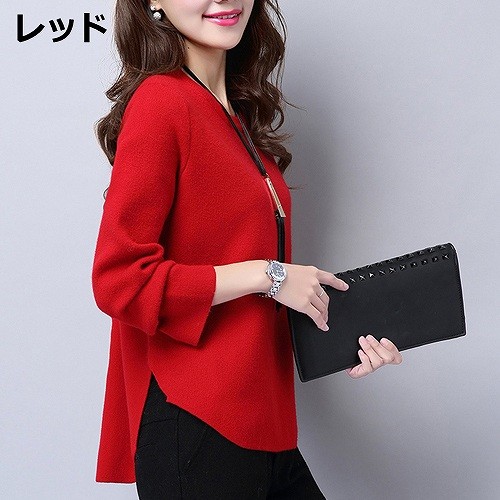 レディース　ニットシャツ　クルーネック　長袖　ミディアム丈　カジュアル　ストリート　お出かけ　デート　デイリー　普段着　ピンク　レッド　ブラック　グレー　オレンジ　送料無料