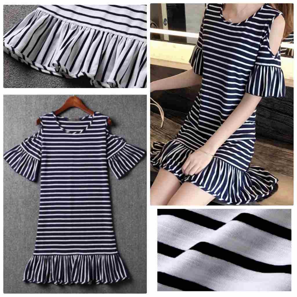 レディース　ワンピース　半袖　肩だし　肩あき　ボーダー　フレア袖　フラウンス　フレアスカート　膝上　ミニ　シンプル　大きいサイズ　おしゃれ　カジュアル　大人可愛い　フェミニン　デート　お出かけ　普段着　送料無料