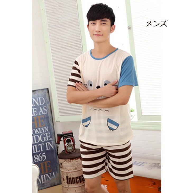 レディース　パジャマ　メンズ　ナイトウェア　半袖　Tシャツ　ハーフパンツ　ペアルック　お揃い　短パン　夏　上下セット　ボーダー　ネコ　部屋着　ルームウェア　カジュアル　シンプル　キュート　かわいい 　フェミニン　送料無料