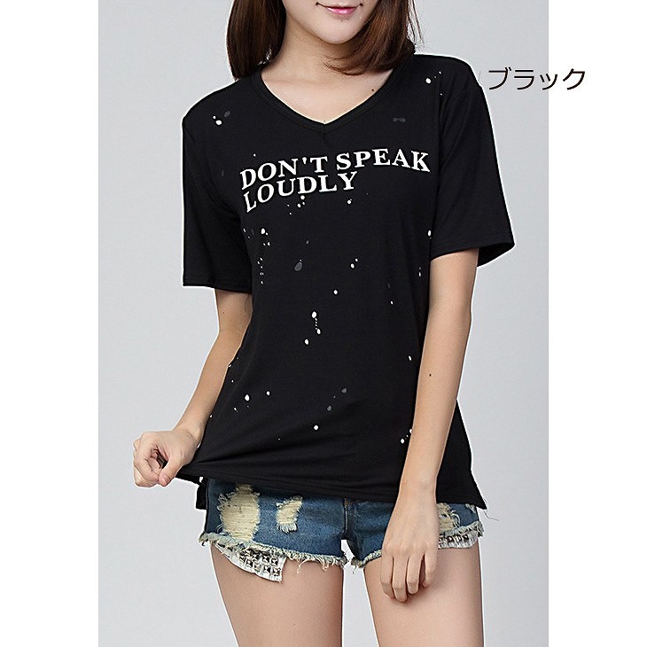 レディース　トップス　Tシャツ　半袖　カットソー　Ｖネック　シンプル　プリント　ロゴ 大きいサイズ　おしゃれ　カジュアル　大人可愛い　フェミニン　普段着　ブラック　黒　ホワイト　白　レッド　送料無料