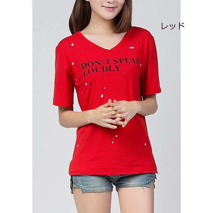 レディース　トップス　Tシャツ　半袖　カットソー　Ｖネック　シンプル　プリント　ロゴ大きいサイズ　おしゃれ　カジュアル　大人可愛い　フェミニン　普段着　ブラック　黒　ホワイト　白　レッド　送料無料