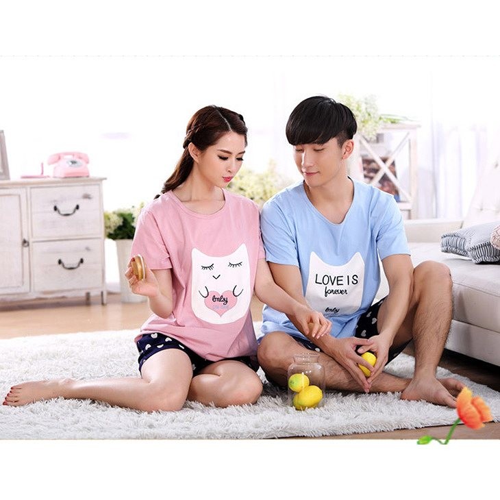 レディース　メンズ　パジャマ　半袖　夏　綿　Tシャツ　短パン　ハーフパンツ　上下セット　ペア　お揃い　ナイトウェア　部屋着　ルームウェア　シンプル　キュート　かわいい 　フェミニン　ピンク　ブルー　送料無料
