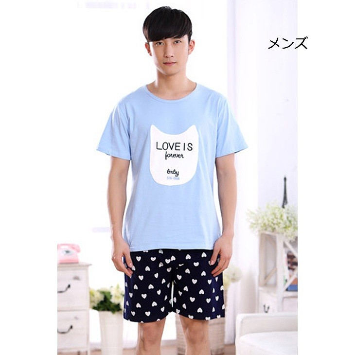 レディース　メンズ　パジャマ　半袖　夏　綿　Tシャツ　短パン　ハーフパンツ　上下セット　ペア　お揃い　ナイトウェア　部屋着　ルームウェア　シンプル　キュート　かわいい 　フェミニン　ピンク　ブルー　送料無料