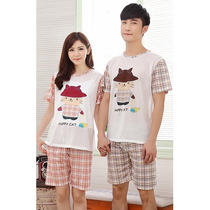 レディース　メンズ　パジャマ　半袖　夏　綿　Tシャツ　短パン　ハーフパンツ　チェック　ねこ　上下セット　ペア　お揃い　ナイトウェア　部屋着　ルームウェア　シンプル　キュート　かわいい　フェミニン　送料無料