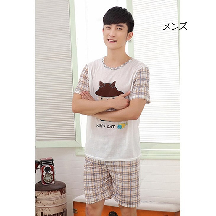 レディース　メンズ　パジャマ　半袖　夏　綿　Tシャツ　短パン　ハーフパンツ　チェック　ねこ　上下セット　ペア　お揃い　ナイトウェア　部屋着　ルームウェア　シンプル　キュート　かわいい　フェミニン　送料無料