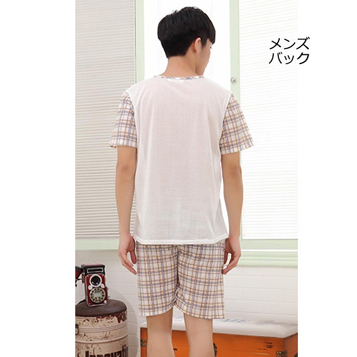 レディース　メンズ　パジャマ　半袖　夏　綿　Tシャツ　短パン　ハーフパンツ　チェック　ねこ　上下セット　ペア　お揃い　ナイトウェア　部屋着　ルームウェア　シンプル　キュート　かわいい　フェミニン　送料無料