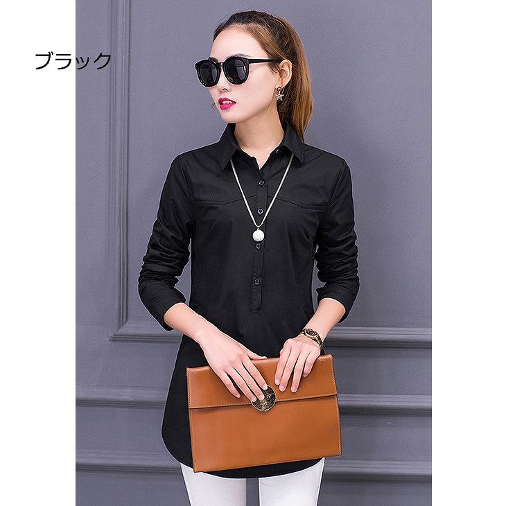 レディース　トップス　シャツ　チュニック　長袖　無地　シンプル　ポケット付き　大きいサイズ　春　秋　おしゃれ　カジュアル　フェミニン　かわいい　上品　エレガント　オフィス　ビジネス　通勤　普段着　ホワイト　ブラック　ピンク　ワイン　グリーン　送料無料
