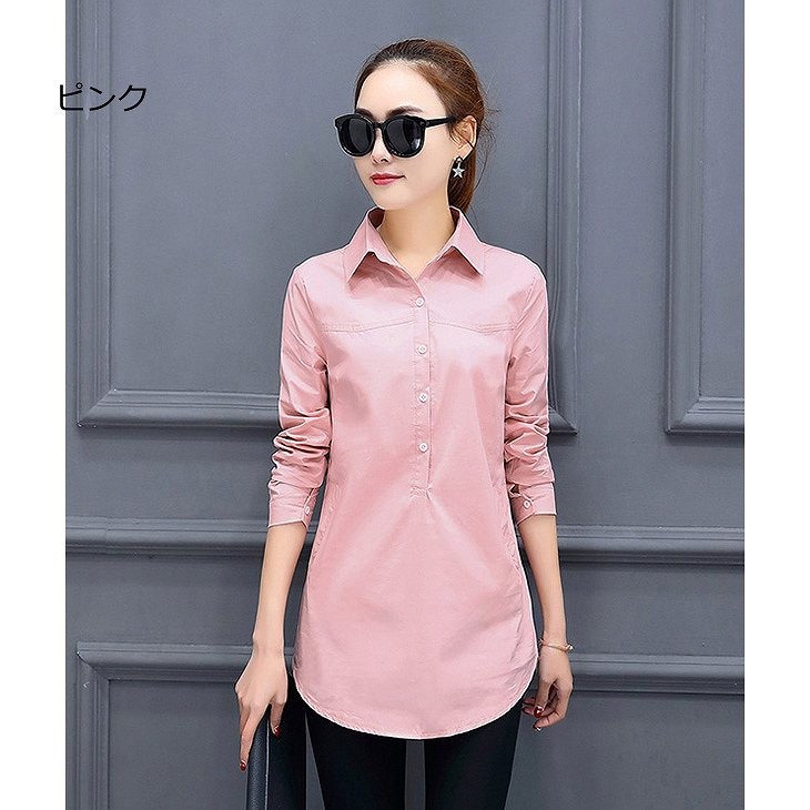 レディース　トップス　シャツ　チュニック　長袖　無地　シンプル　ポケット付き　大きいサイズ　春　秋　おしゃれ　カジュアル　フェミニン　かわいい　上品　エレガント　オフィス　ビジネス　通勤　普段着　ホワイト　ブラック　ピンク　ワイン　グリーン　送料無料
