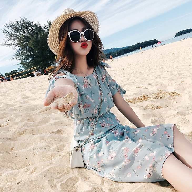 レディース　ワンピース　ロングスカート　半袖　肩だし　肩あき　花柄　ボヘミアン　リボン　ビーチ　カジュアル　フェミニン　キュート　可愛い　おしゃれ　セクシー　送料無料