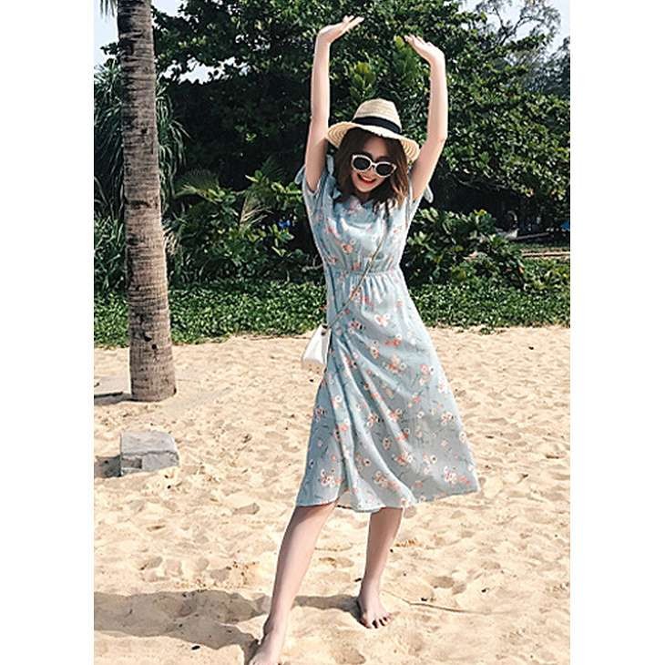 レディース　ワンピース　ロングスカート　半袖　肩だし　肩あき　花柄　ボヘミアン　リボン　ビーチ　カジュアル　フェミニン　キュート　可愛い　おしゃれ　セクシー　送料無料