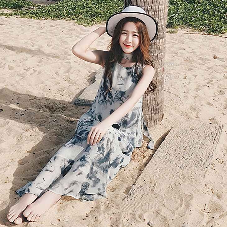 レディース　ワンピース　ロング　マキシスカート　ノースリーブ　花柄　ボヘミアン　シフォン　ビーチ　カジュアル　フェミニン　キュート　可愛い　おしゃれ　セクシー　送料無料