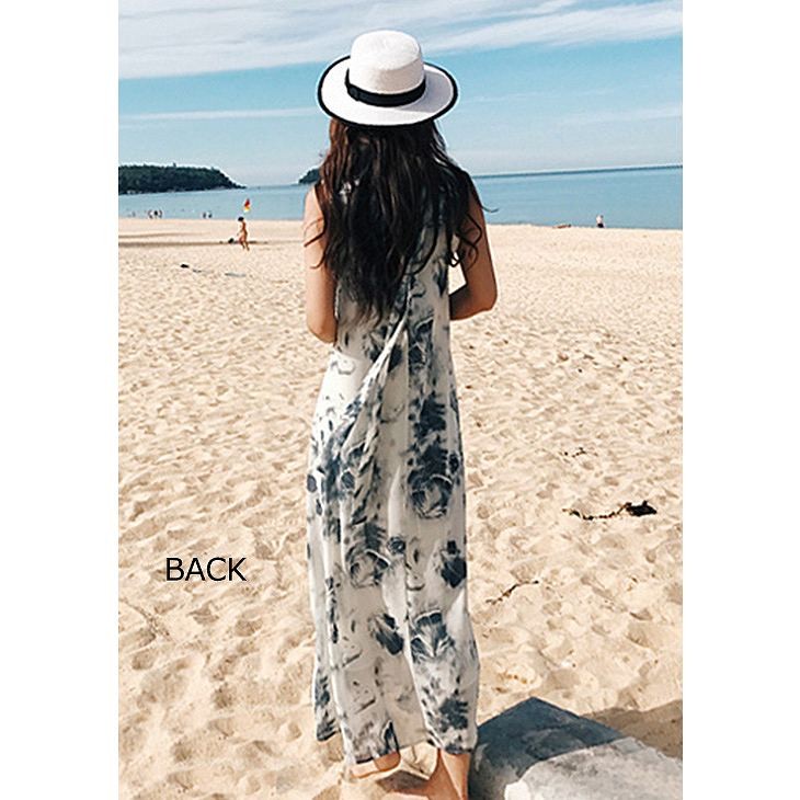 レディース　ワンピース　ロング　マキシスカート　ノースリーブ　花柄　ボヘミアン　シフォン　ビーチ　カジュアル　フェミニン　キュート　可愛い　おしゃれ　セクシー　送料無料