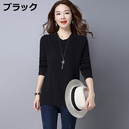 レディース　リブニットセーター　クルーネック　長袖　背面ロング　カジュアル　ストリート　お出かけ　デート　デイリー　普段着　グリーン　ブラック　グレー　送料無料