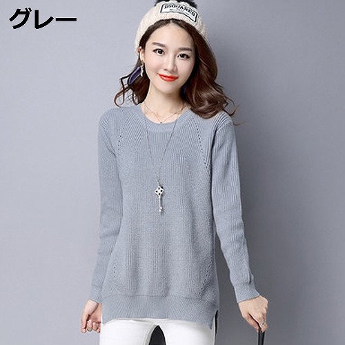 レディース　リブニットセーター　クルーネック　長袖　背面ロング　カジュアル　ストリート　お出かけ　デート　デイリー　普段着　グリーン　ブラック　グレー　送料無料