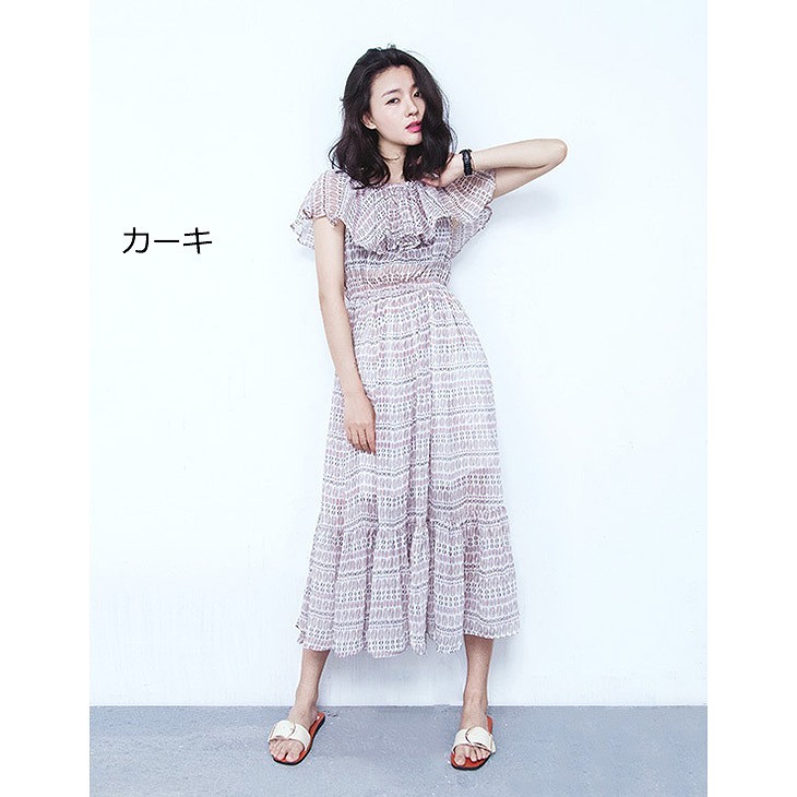 レディース　オフショルダー　シフォン　ワンピース　ロング丈　ミモレ丈　スカート　ボトムス　ドレス　フレア　春　夏　カジュアル　キュート　可愛い　フェミニン　セクシー　きれいめ　エレガント　おしゃれ　お出かけ　お呼ばれ　フリーサイズ　ワンサイズ　送料無料