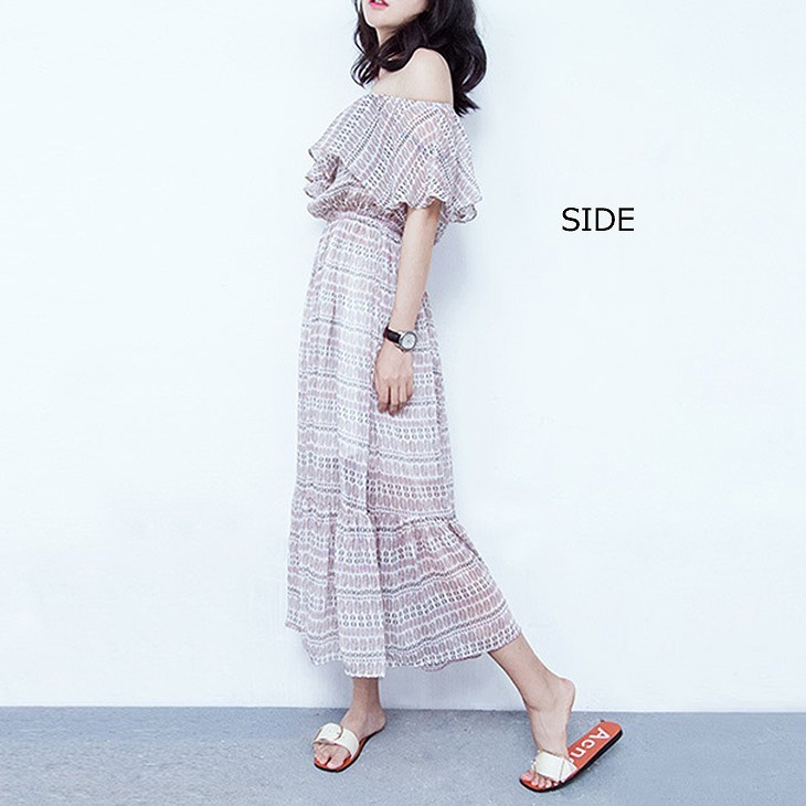 レディース　オフショルダー　シフォン　ワンピース　ロング丈　ミモレ丈　スカート　ボトムス　ドレス　フレア　春　夏　カジュアル　キュート　可愛い　フェミニン　セクシー　きれいめ　エレガント　おしゃれ　お出かけ　お呼ばれ　フリーサイズ　ワンサイズ　送料無料