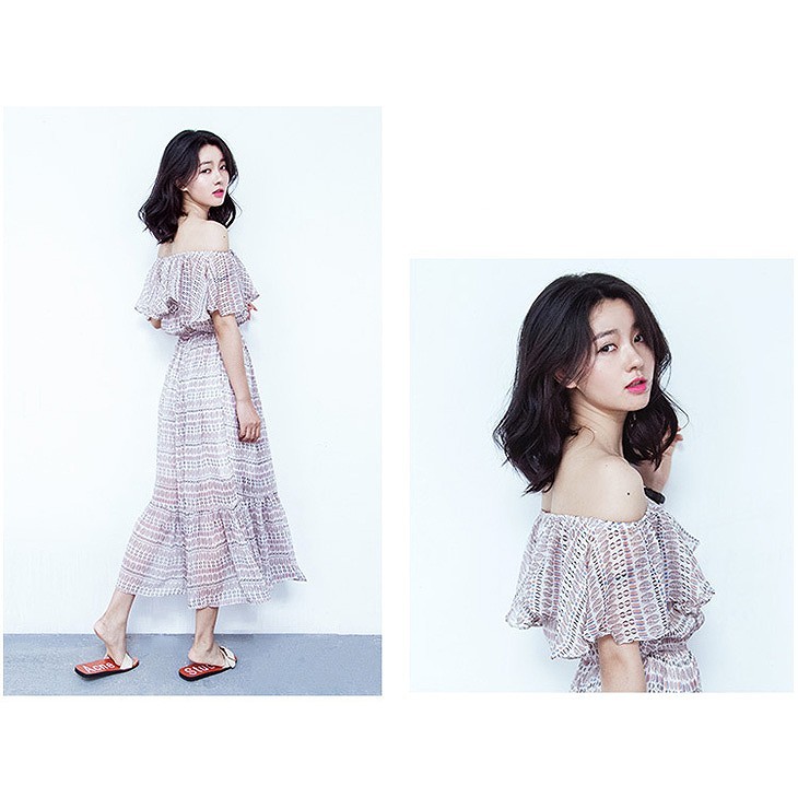 レディース　オフショルダー　シフォン　ワンピース　ロング丈　ミモレ丈　スカート　ボトムス　ドレス　フレア　春　夏　カジュアル　キュート　可愛い　フェミニン　セクシー　きれいめ　エレガント　おしゃれ　お出かけ　お呼ばれ　フリーサイズ　ワンサイズ　送料無料