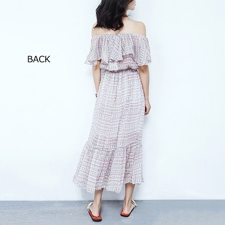 レディース　オフショルダー　シフォン　ワンピース　ロング丈　ミモレ丈　スカート　ボトムス　ドレス　フレア　春　夏　カジュアル　キュート　可愛い　フェミニン　セクシー　きれいめ　エレガント　おしゃれ　お出かけ　お呼ばれ　フリーサイズ　ワンサイズ　送料無料