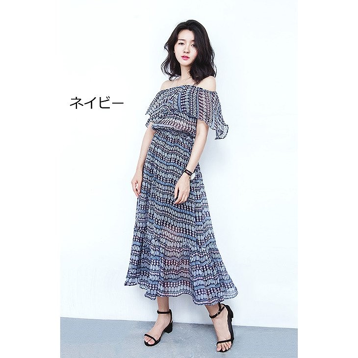 レディース　オフショルダー　シフォン　ワンピース　ロング丈　ミモレ丈　スカート　ボトムス　ドレス　フレア　春　夏　カジュアル　キュート　可愛い　フェミニン　セクシー　きれいめ　エレガント　おしゃれ　お出かけ　お呼ばれ　フリーサイズ　ワンサイズ　送料無料