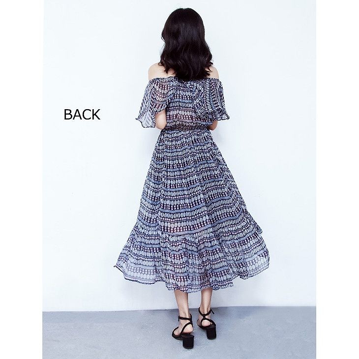 レディース　オフショルダー　シフォン　ワンピース　ロング丈　ミモレ丈　スカート　ボトムス　ドレス　フレア　春　夏　カジュアル　キュート　可愛い　フェミニン　セクシー　きれいめ　エレガント　おしゃれ　お出かけ　お呼ばれ　フリーサイズ　ワンサイズ　送料無料