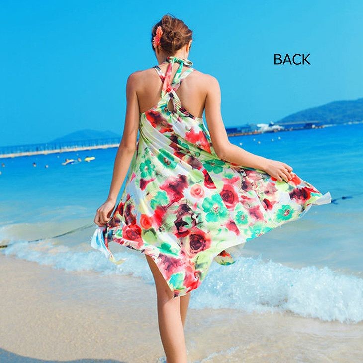 レディース　シフォン　ワンピース　ホルターネック　ビーチ　海　春　夏　カジュアル　キュート　可愛い　フェミニン　セクシー　きれいめ　エレガント　おしゃれ　お出かけ　お呼ばれ　グリーン　オレンジ　レッド　緑色　赤　フリーサイズ　ワンサイズ　送料無料