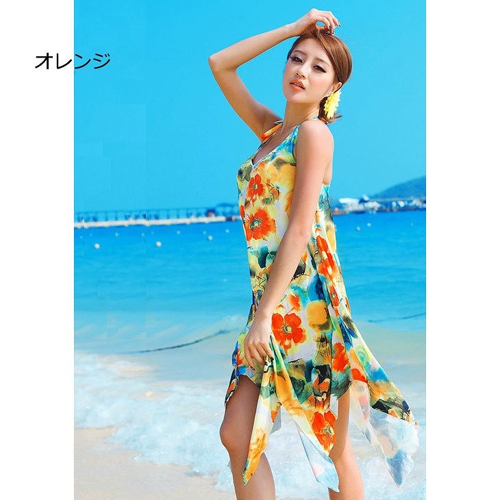 レディース　シフォン　ワンピース　ホルターネック　ビーチ　海　春　夏　カジュアル　キュート　可愛い　フェミニン　セクシー　きれいめ　エレガント　おしゃれ　お出かけ　お呼ばれ　グリーン　オレンジ　レッド　緑色　赤　フリーサイズ　ワンサイズ　送料無料