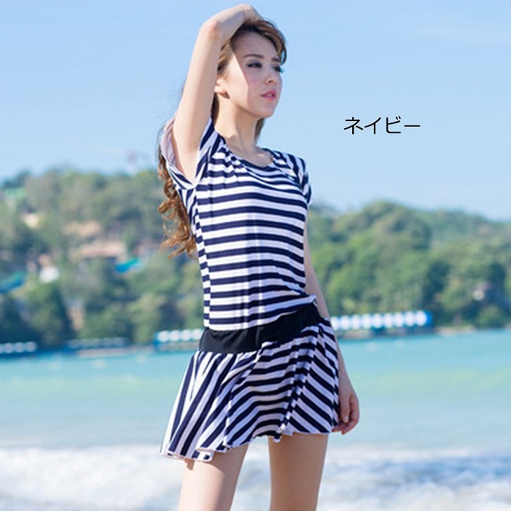 レディース　ボーダー　ワンピース　フレア　ラウンドネック　海　プール　スイミング　ビーチ　リゾート　マリン　海水浴　夏休み　旅行　可愛い　キュート　セクシー　女性　ネイビー　ブラック　ホワイト　紺色　黒　白　S　M　L　サイズ　送料無料