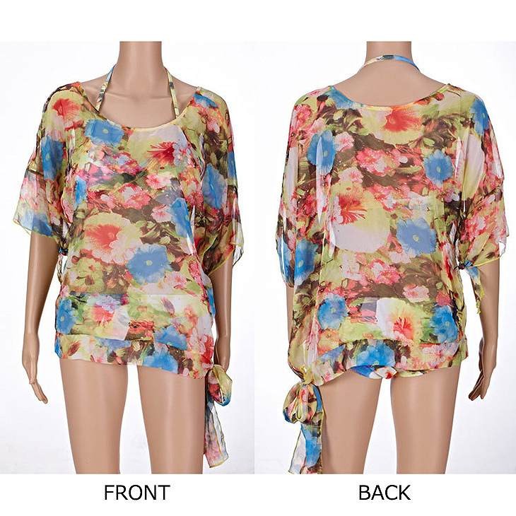 レディース　シフォン　ブラウス　シャツ　花柄　プリント　ラウンドネック　リボン　　海　プール　スイミング　ビーチ　リゾート　マリン　海水浴　夏休み　旅行　可愛い　キュート　セクシー　女性　グリーン　イエロー　S　M　L　サイズ　送料無料