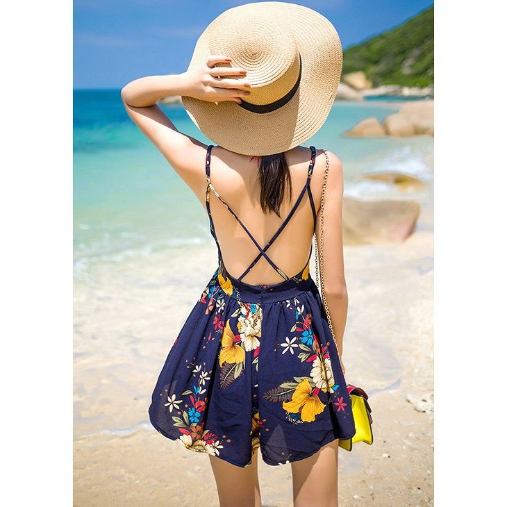 レディース　ミニ丈　ショート丈　パンツ　ワンピース　ワイドレッグパンツ　フレア　花柄　ビーチ　海　春　夏　カジュアル　キュート　可愛い　フェミニン　セクシー　きれいめ　エレガント　おしゃれ　お出かけ　お呼ばれ　ネイビー　紺　S　M　L　XL　サイズ　送料無料