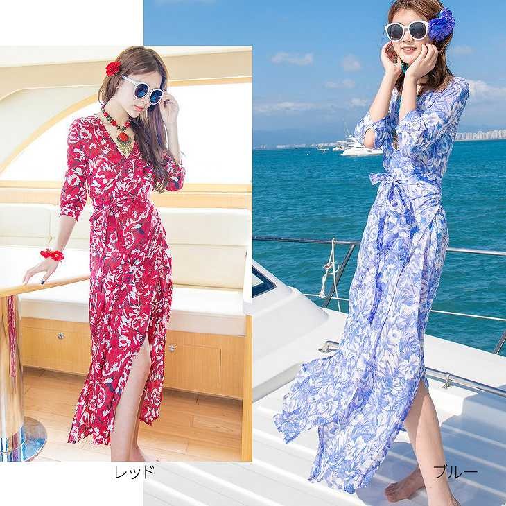 レディース　サマードレス　ビーチドレス　ロングワンピース　7分袖　深Vネック　スリット　フラワー　花柄　大きいサイズ　大人可愛い　カジュアル　デイリー　お出かけ　デート　ビーチ　カバーアップ　リゾート　レッド　ブルー　送料無料