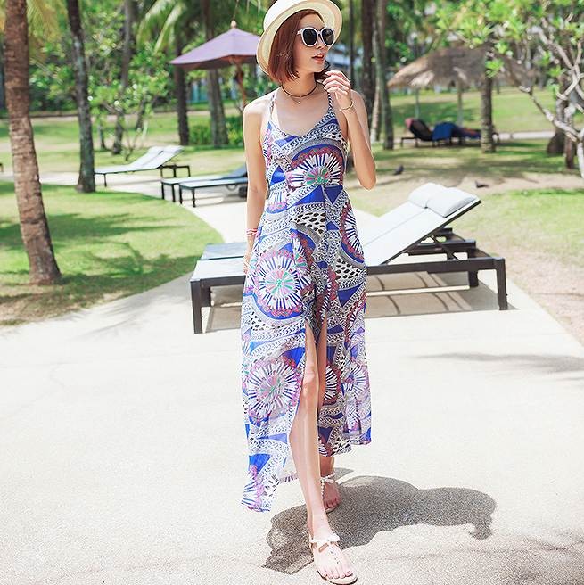 レディース　サマードレス　ビーチドレス　ロングワンピース　ノースリーブ　スリット　エスニック　ボヘミアン　大人可愛い　カジュアル　デイリー　お出かけ　デート　ビーチ　カバーアップ　リゾート　ブルー　送料無料