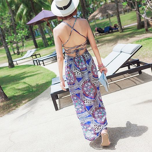 レディース　サマードレス　ビーチドレス　ロングワンピース　ノースリーブ　スリット　エスニック　ボヘミアン　大人可愛い　カジュアル　デイリー　お出かけ　デート　ビーチ　カバーアップ　リゾート　ブルー　送料無料