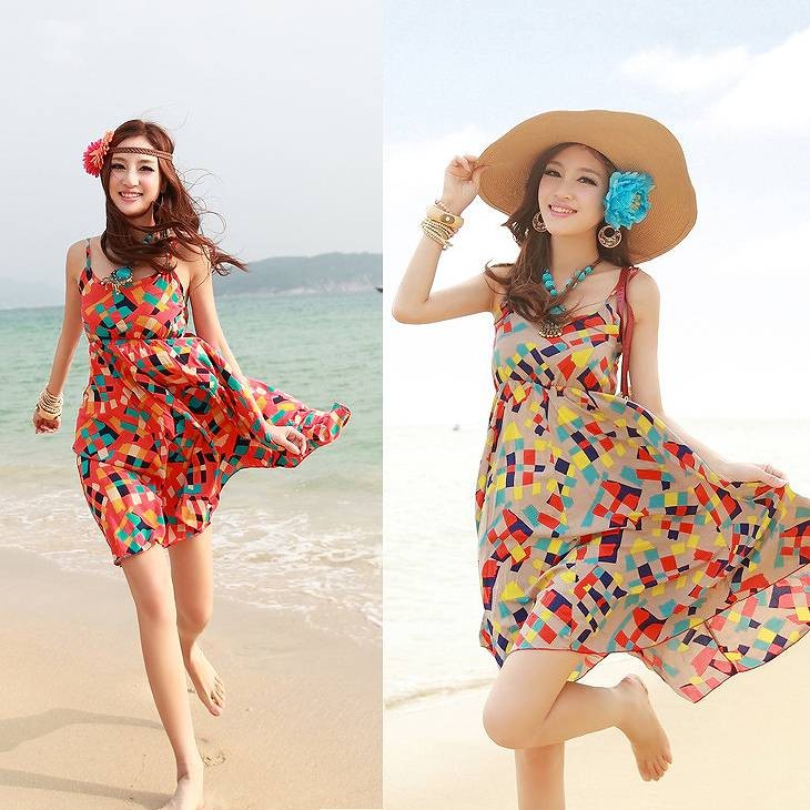 レディース　サマードレス　ビーチドレス　ワンピース　ノースリーブ　膝上丈　ラウンドネック　ボヘミアン　レトロ　大人可愛い　カジュアル　フリーサイズ　デイリー　お出かけ　デート　ビーチ　カバーアップ　リゾート　レッド　ベージュ　送料無料