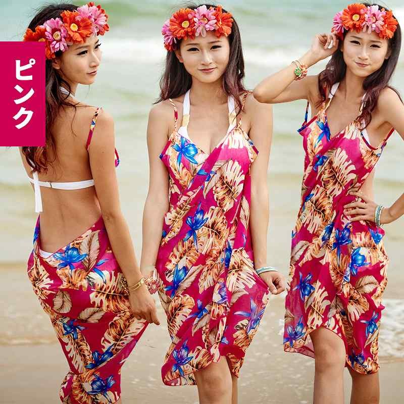 レディース　サマードレス　ビーチドレス　ワンピース　カバービキニ　ノースリーブ　ミディ丈　カシュクール　花柄　ボヘミアン　フリーサイズ　大人可愛い　カジュアル　セクシー　ビーチ　カバーアップ　リゾート　ピンク　ブルー　送料無料